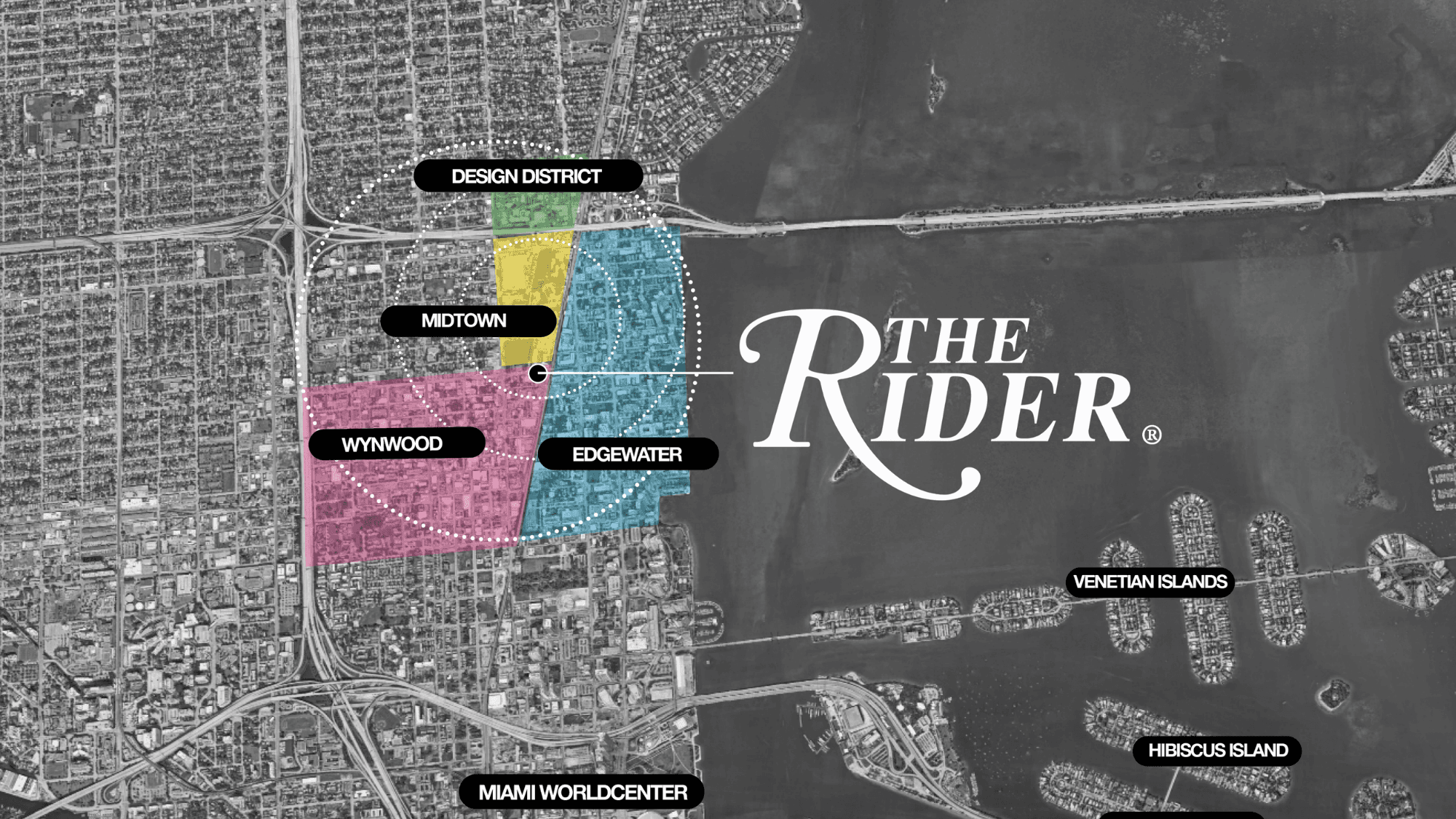Mapa de ubicación de The Rider Residences entre Wynwood, Midtown, Edgewater y Design District en Miami