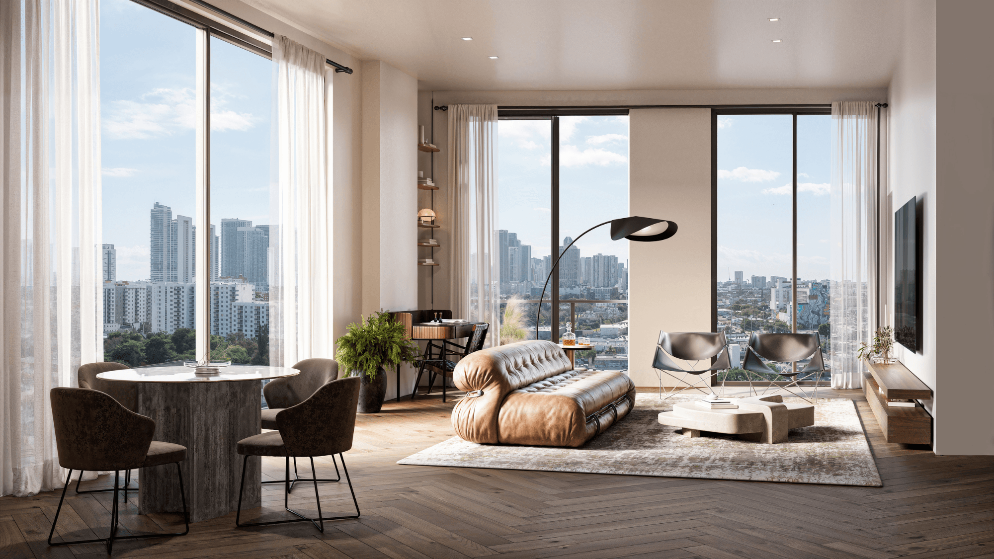 Interior de residencia en The Rider Residences con vistas al skyline de Miami