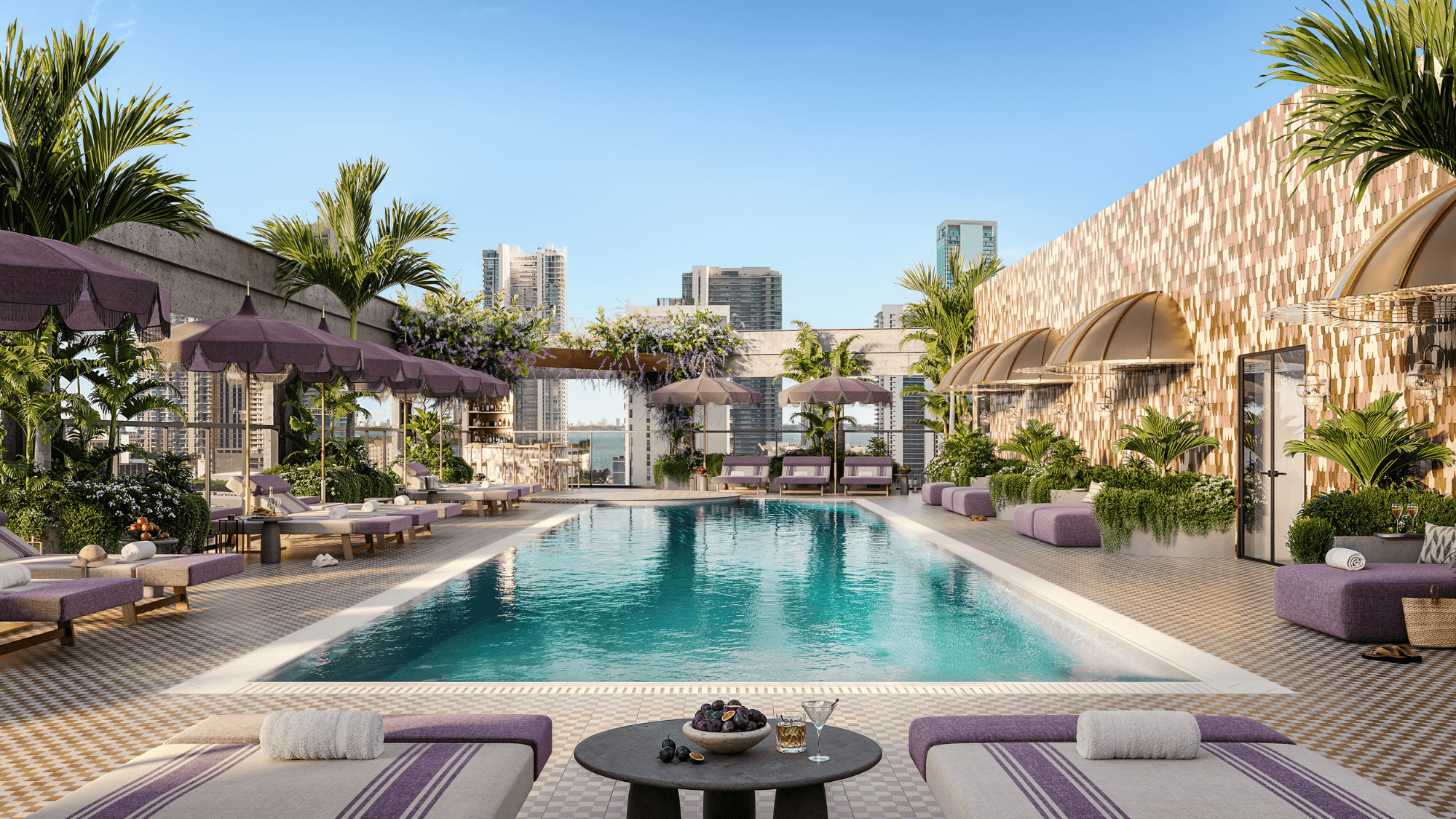 Rooftop pool y amenidades en The Rider Residences en Wynwood Miami