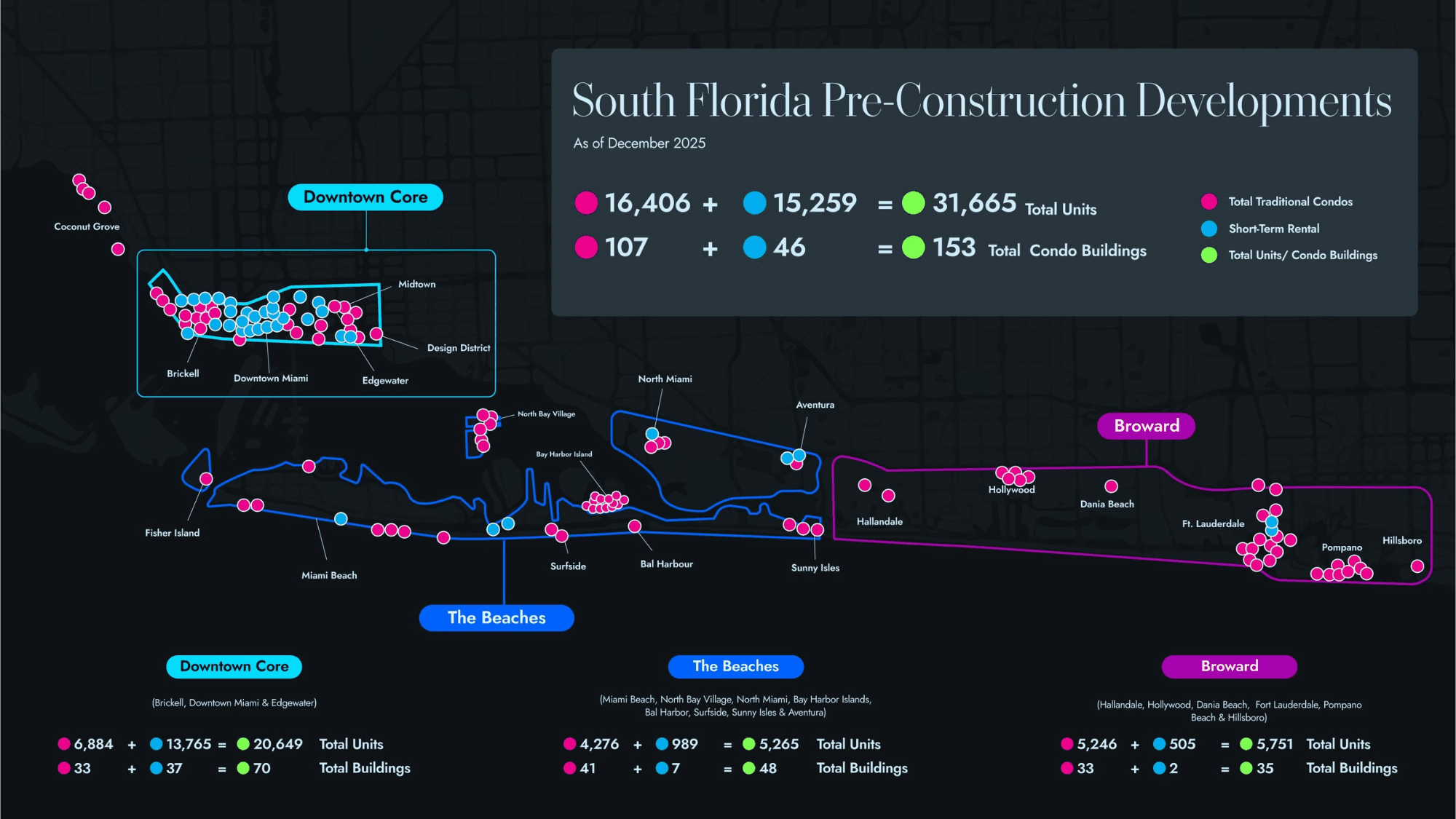 Mapa de proyectos de preconstrucción en Miami que muestra la distribución de condominios y desarrollos de short term rental